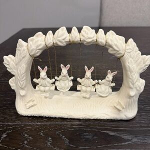 Vintage 1990's Bisque Porcelain Bunny Rabbits on Swing Easter Figurine Decor 9"